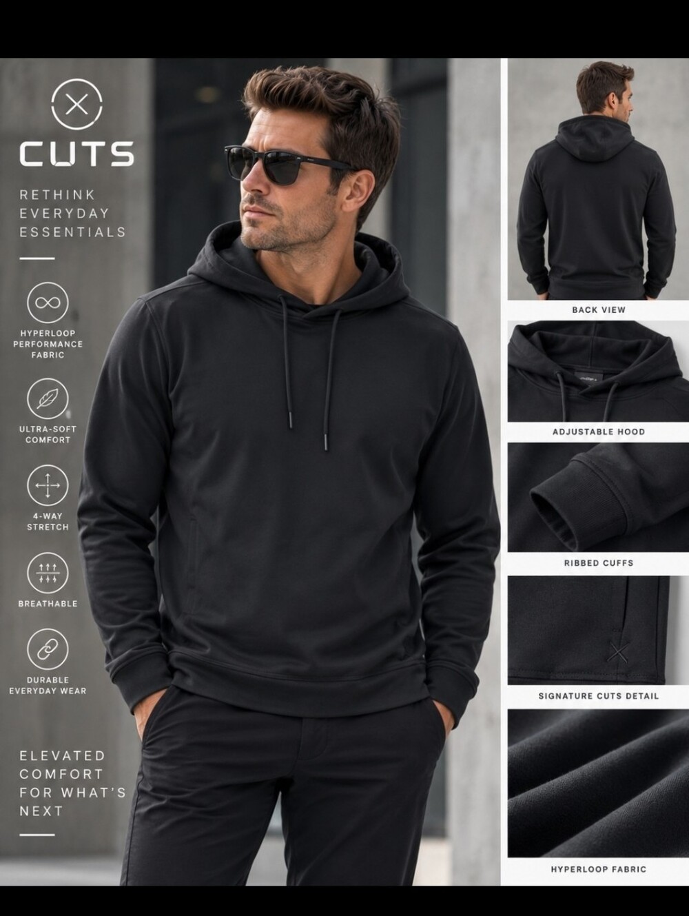 CUTS Hoodie Mens 2XL Black Hyperloop Soft Stretch Cotton Blend Sweatshirt
